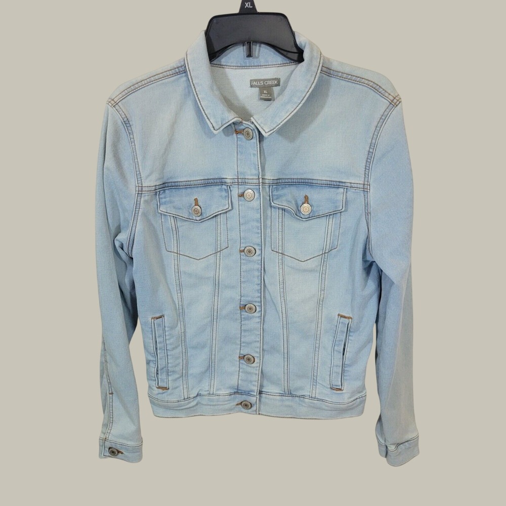 Falls Creek Denim Jacket Dog Embroidery Boho Trucker Light Wash Blue Womens XL